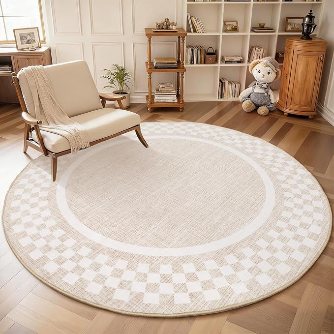 4ft Washable Round Rug for Entryway Modern Checkered Bedroom Circle Rug Non Slip Soft Dining Room Round Throw Carpet Small Stain Resistant Border Round Rugs for Living Room Kitchen Bathroom, Beige