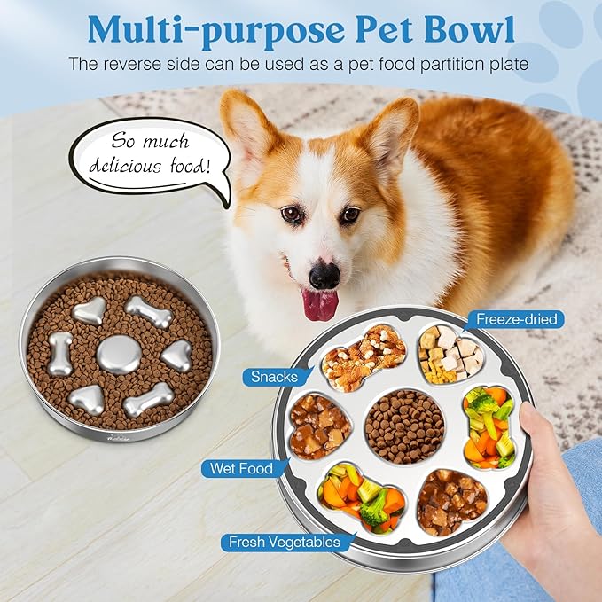 2Pcs Slow Feeder Dog Bowls, 5 Cups Stainless Steel Dog Slow Feeder Metal Pet Food Bowl with Non-Slip Base for Medium & Large Breed, Bloat Stop, Food-Grade, Dishwasher Safe