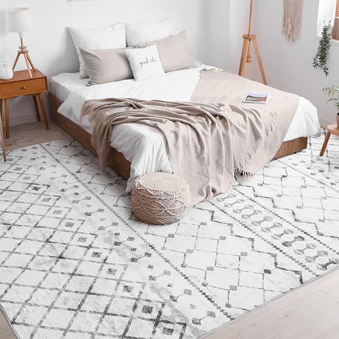 Lessymo Area Rugs 5x7, Washable Modern Area Rugs, Super Soft Faux-Wool Carpet for Living Room Bedroom Dining Room, Non-Slip Low Pile, Geometric Grey