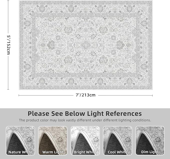 Boho Washable Area Rug Neutral Grey 5x7 Rugs for Living Room, Floral Modern Bedroom Rug Indoor Carpet for Dining Room Kids Room Playroom