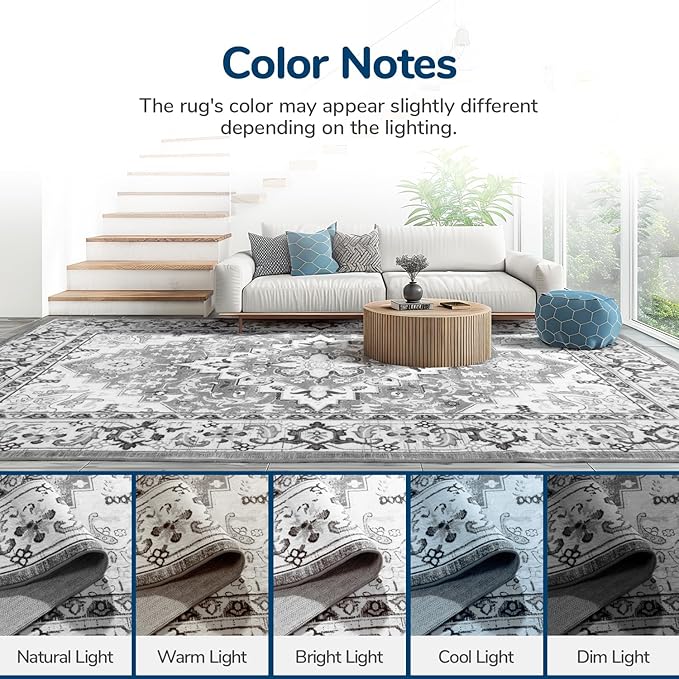 Lessymo 5x7 Area Rug for Living Room - Machine Washable Area Rugs, Super Soft Faux-Wool Area Rugs for Bedroom Kitchen, Boho Rug Vintage Floral Non-Slip Low Pile, Grey White