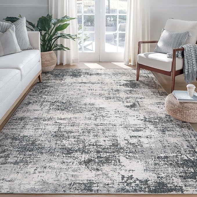 Area Rug Living Room Washable Rugs: 5x7 Modern Neutral Abstract Low Pile Non Slip Floor Carpet - Large Soft Thin Stain Resistant Rug for Bedroom Dining Indoor Office Home, Dark Grey