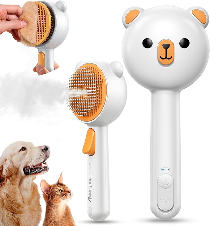Pet Steam Brush for Dogs & Cats , Brushes for Indoor Cats with Release Button, Dual Speed Spray USB Rechargeable Grooming Supplies, Dog Brush for Shedding Suitable for All Long- and Short-haired Pets