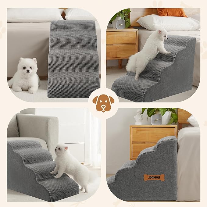 Romrol Dog Stairs Ramp for High Beds Couches, 33D High Density Foam Pet Steps with Durable Non-Slip Waterproof Fabric Cover, Dog Stairs for Small Dogs or Cats or Pets, 4-Step,Grey
