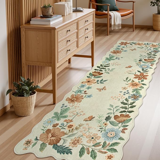 Lahome Floral Washable Runner Rug, 2'6''x8' Soft Hallway Rug Non Slip, Boho Ultra-Thin Kitchen Runners for Hallways with Rubber Backing Carpet for Laundry Bedroom Bathroom(Beige)