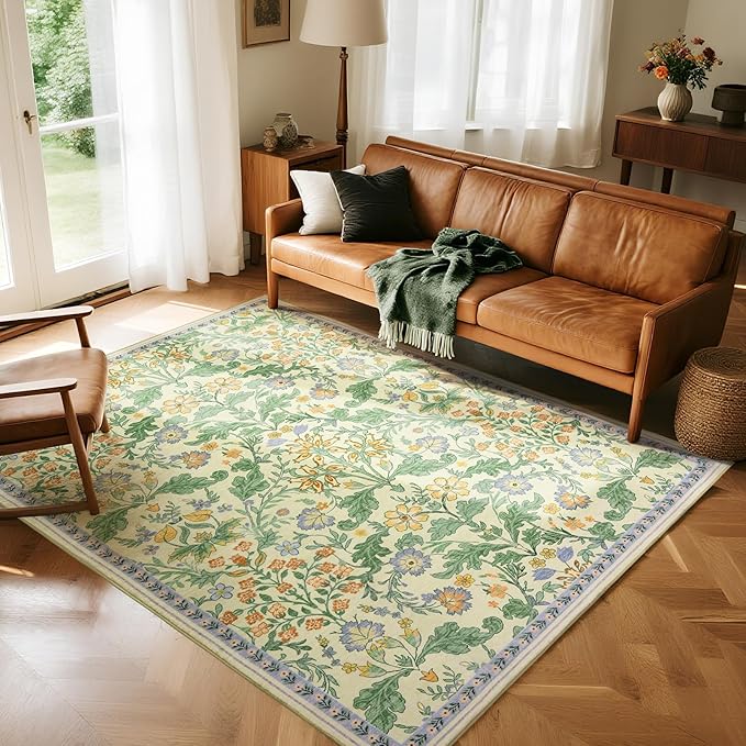 Floral Area Rug for Living Room: 4x6 Washable Soft Low Pile Thin Indoor Carpet, Non Slip Stain Resistant Vintage Flower Boho Accent Rugs for Bedroom, Dining, Home Office, Nursery - Ivory