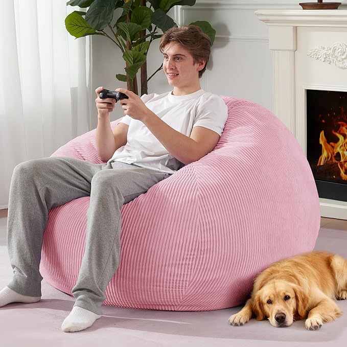 Homguava 5FT Bean Bag Chair for Adults,Teardrop Giant Bean Bags Big Beanbag Chair with Memory Foam Filled and Ultra Soft Removable Corduroy Cover for Living Room, Bedroom (Light Pink)