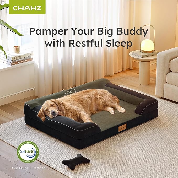 XXL Dog Bed for Extra Large Dogs, Giant Orthopedic Dog Bed with Cooling Gel Memory Foam, Waterproof Pet Bed with Removable Washable Cover, 53" Pet Sofa Bed Dutch Velvet with Bone Toy, Black