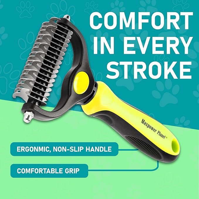 Maxpower Planet Pet Grooming Brush - Double Sided Shedding, Dematting Undercoat Rake for Dogs and Cats - Extra Wide Dog Grooming Brush - Yellow