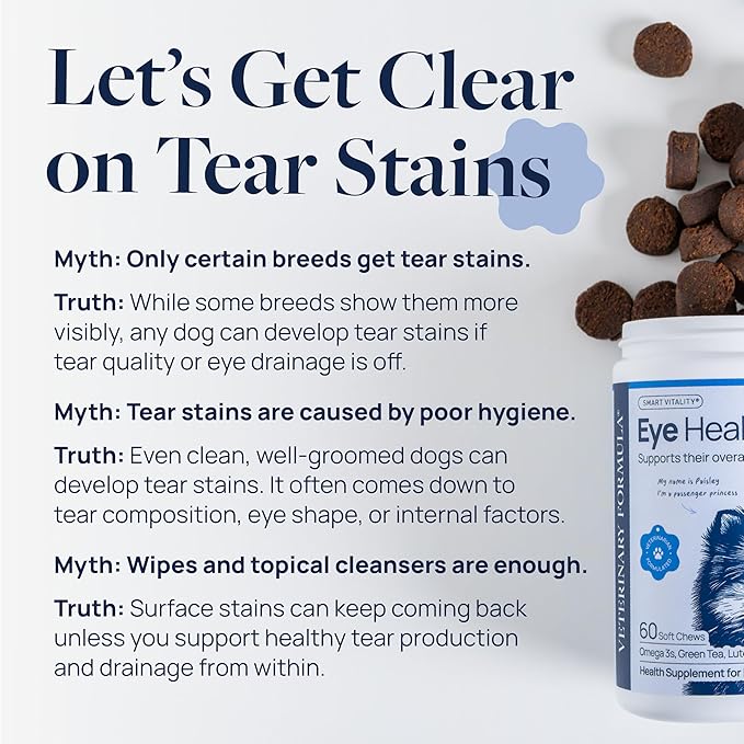 Veterinary Formula Eye Health Supplement for Dogs – Vet-Formulated Tear Stain Chews with Omega 3, Lutein & Cranberry – Smart Vitality Supports Eye Moisture, Stain Reduction & Immunity, 60 Soft Chews