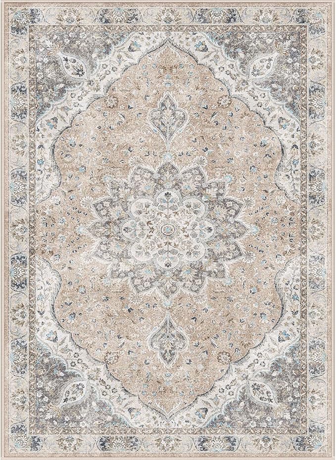 6x9 Area Rugs for Living Room - Stain Resistant Machine Washable Rugs for Bedroom,Non-Slip Backing Large Area Rug (Peach/Gray, 6'x9')