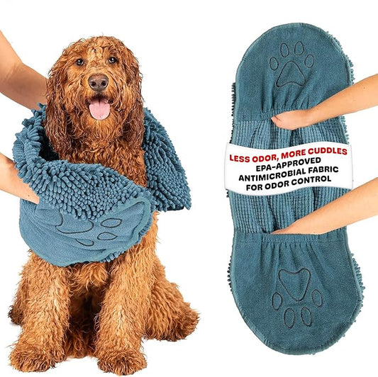 Dog Gone Smart The Dirty Dog Shammy - Antimicrobial Microfiber Dog Towel for Odor Control, Fast-Drying Plush, Dual Hand Pockets & Elastic, Super Absorbent, Machine Washable, 31 x 13 in, Pacific Blue