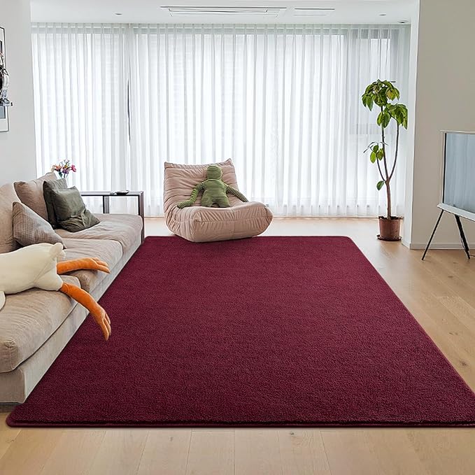 DweIke 5x7 Burgundy Red Area Rugs for Bedroom, Super Soft Living Room Rug, Thickened Memory-Foam Throw Carpet, Non-Slip and Washable Carpets for Kids Boys Girls Room Dorm Nursery Home Decor