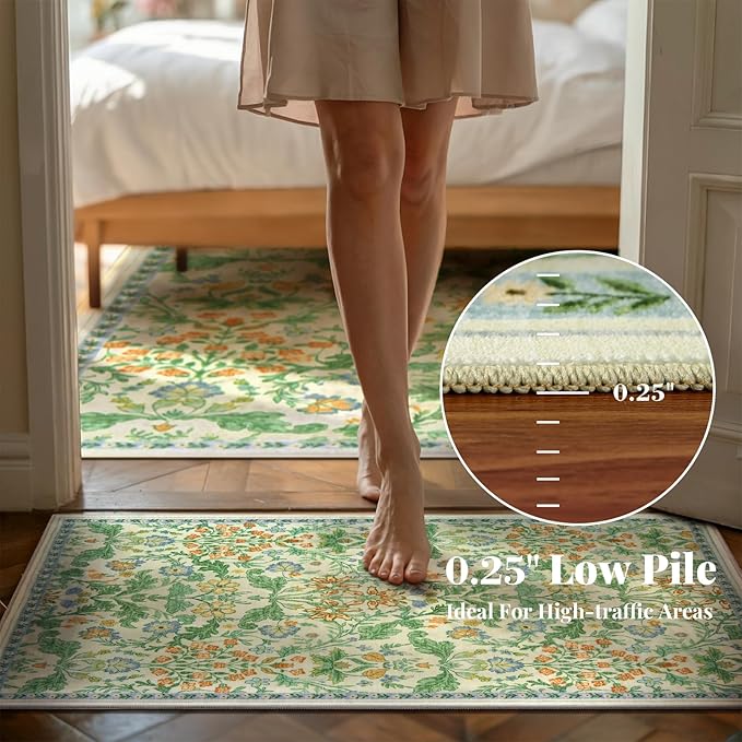 Floral Entryway Washable Rug: 2x3 Soft Low Pile Thin Indoor Front Door Mat, Non Slip Stain Resistant Vintage Flower Boho Accent Small Rugs for Bedroom, Kitchen, Bathroom, Nursery Entrance - Ivory