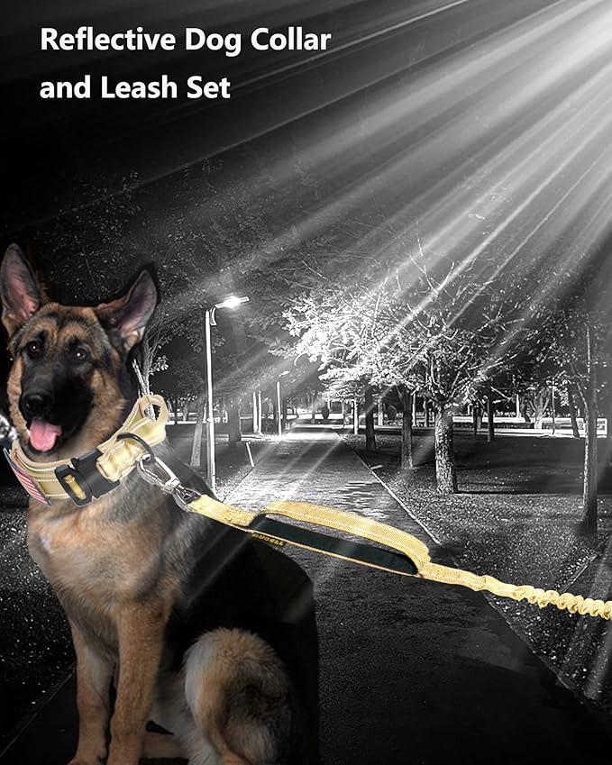 AUBELL Tactical Dog Collar and Leash Set, Reflective Adjustable Heavy Duty Military K9 Collars with Handle and Metal Buckle for Large Dogs, with Airtag Case and 2 Patches(Yellow,L)