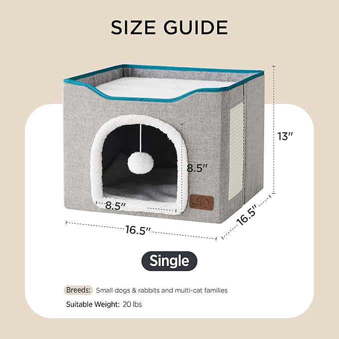 Bedsure Cat Beds for Indoor Cats - Large Cat Cave for Pet Cat House with Fluffy Ball Hanging and Scratch Pad, Foldable Cat Hideaway, 16.5x16.5x13 inches, Grey