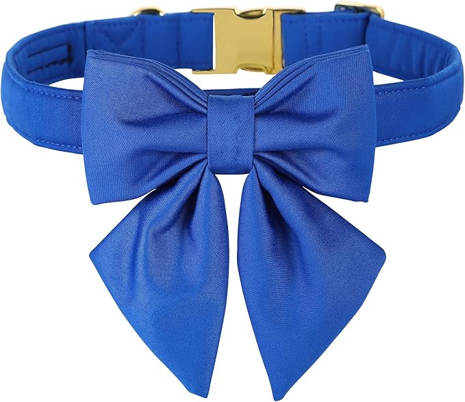 Maca Bates Klein Blue Dog Collar with Cute Solid Sailor Bow Tie for Extra Large Girl Boy Dogs,Adjustbale Durable Breakaway Soft Collars with Bowtie for Female Male Puppy,Pet with Metal Buckle