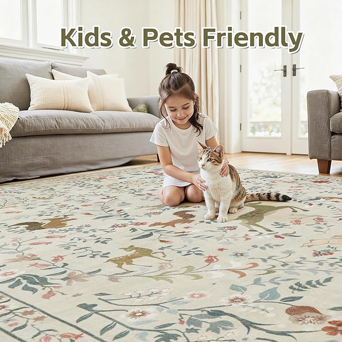 Runner Rug Washable Runners Kitchen Rugs Non Slip Neutral Floral Carpet Low Pile for Indoor Hallways Entryway Living Room Bedroom Laundry Soft Mat 2'6''x8' Beige Animal
