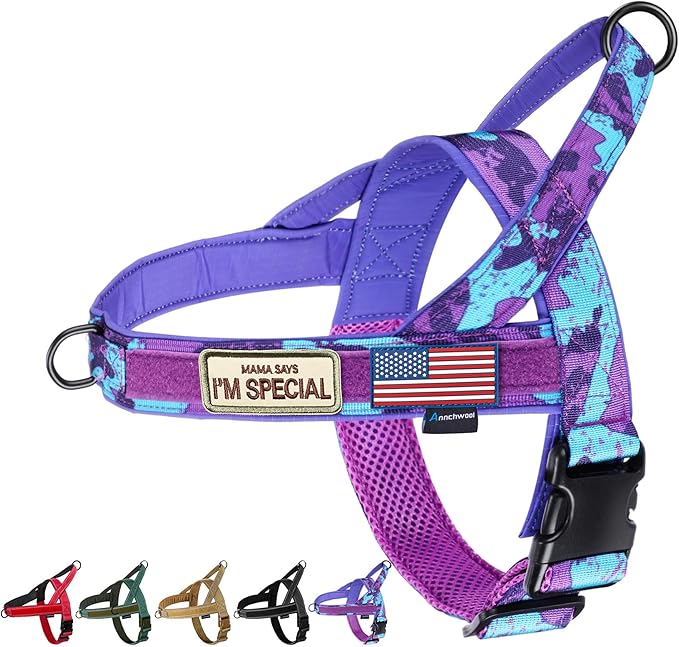 Annchwool No Pull Dog Harness with Soft Padded Handle,Escape Proof and Quick Fit to Adjust Dog Harness,Easy for Training Walking for Small & Medium and Large Dogs(Camo Purple,XL)