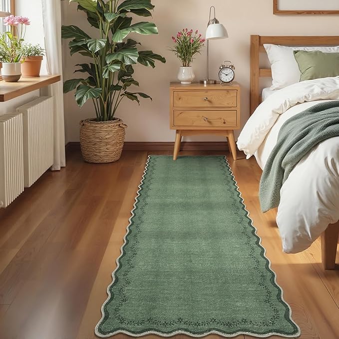 GarveeHome 2.5x8 Scalloped Washable Runner Rug for Kitchen, Soft Green Long Hallway Runner Non Slip Entryway Rug Farmhouse Thin Laundry Mat Stain Resistant Carpet for Bathroom Beside Rug