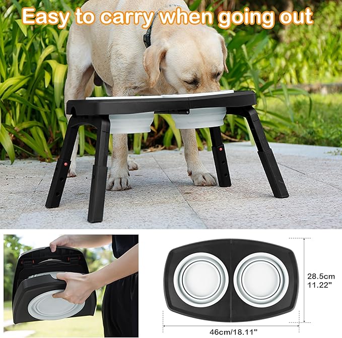 Adjustable Elevated Dog Bowls Stand – 4-Level Height Portable Feeder with Collapsible Silicone Bowls, Non-Slip Base for Medium & Large Dogs – Travel Dog Bowl & Water Dish