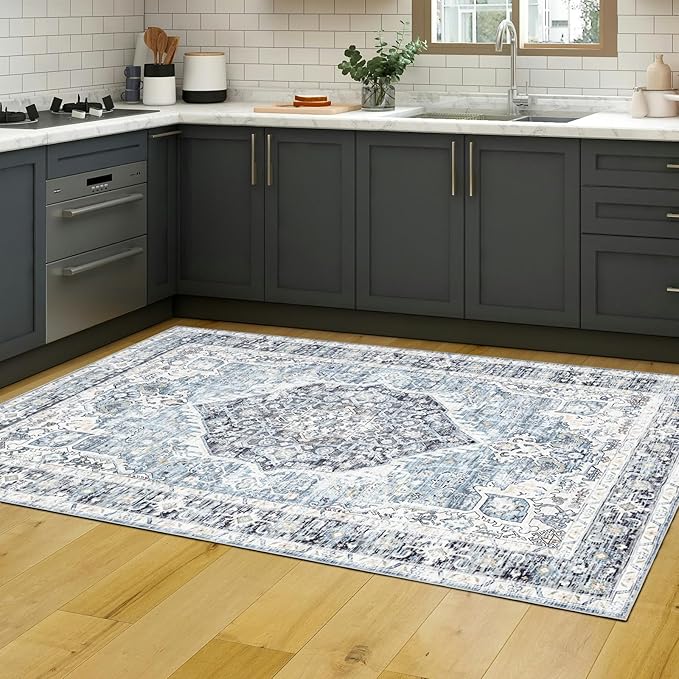 Area Rug 3횞5, Vintage Boho Rug,Ultra-Soft Low Pile, Washable, Non Slip,Stain Resistant Printed Carpet for Living Room Bedrooms Playroom Office Kitchen, Light Blue