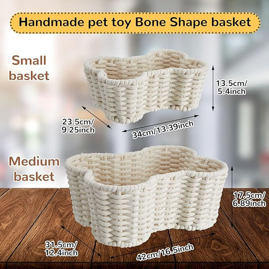Barydat 2 Pcs Dog Toy Basket Dog Toy Bin Bone Shaped Handmade Pet Organizer for Pet White Cotton Rope Basket (16.5 x 12.4 x 6.89 and 13.39 x 9.25 x 5.4)