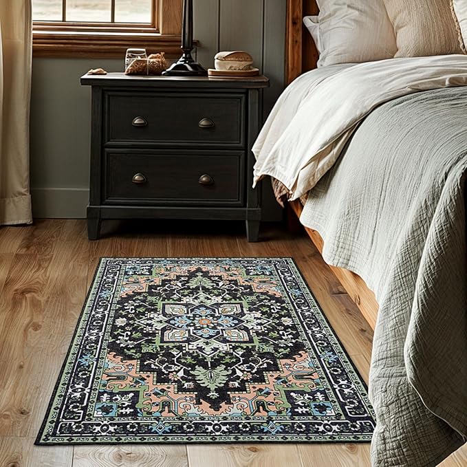Lofus 3x5 Area Rugs for Living Room, Machine Washable Area Rug, Soft Small Rugs for Bedroom, Kitchen, Office and Indoor, Vintage Boho Carpet, Non-Slip Low Pile Carpets, Dark Green