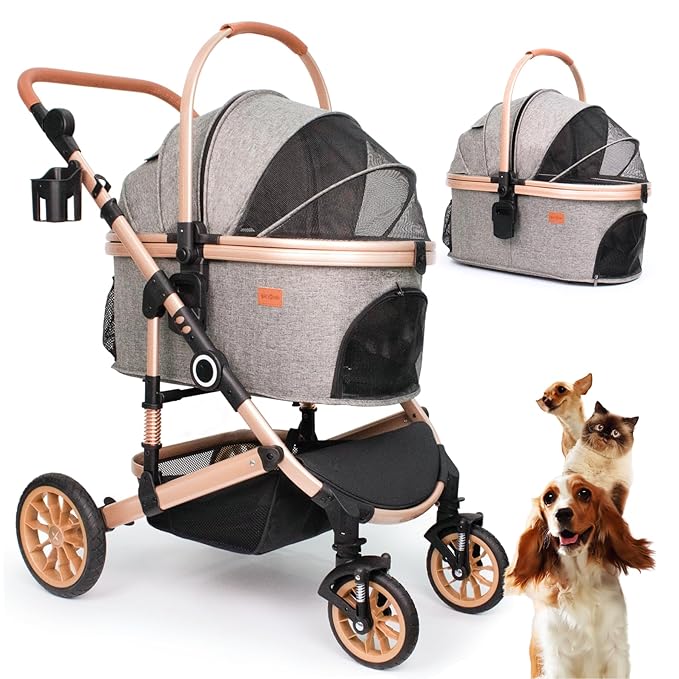 Pet Stroller for Medium Dogs, Smooth-Ride Dog Stroller with Detachable Carrier, Rubber Wheels, Car Seat Combo 3-in-1, Up to 50 lbs, for Senior Dogs & Cats, Grey