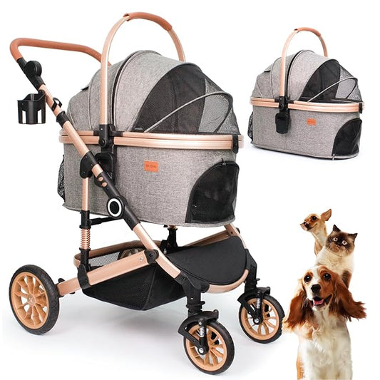 Pet Stroller for Medium Dogs, Smooth-Ride Dog Stroller with Detachable Carrier, Rubber Wheels, Car Seat Combo 3-in-1, Up to 50 lbs, for Senior Dogs & Cats, Grey