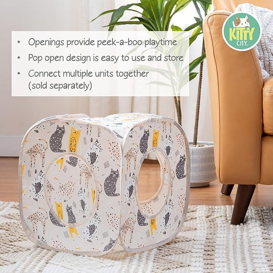Kitty City Cat Print Pop-Up Cat Play Cube, Collapsible Indoor Cat Hideout with Peekaboo Openings, Lightweight Foldable Cat Cube for Play & Lounging, Pink