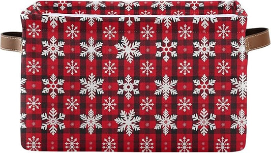 Christmas Red Buffalo Plaid Storage Basket with Waterproof Liner and PU Handles Winter Snowflake Checker Storage Bins Boxes 14.2" Collapsible Decorative Baskets for Bedroom Closet Office 1 Pack