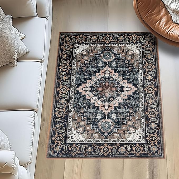 Lessymo 4 x 6 Area Rugs for Living Room- Machine Washable Area Rugs Boho Faux Wool Low Pile Area Rug for Bedroom Floral Medallion Vintage Rugs with Non-Slip Rubber, Black Brown