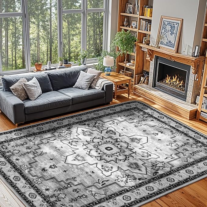 LBRO2M Boho Area Rug 9X12 Washable Rugs for Bedroom Low Piles Indoor Carpet, Non Slip Soft Rug for Living Room, Dining Room, Gray Rug Foldable Pet Friendly Area Rugs Stain Resistant (9'X12' Gray)