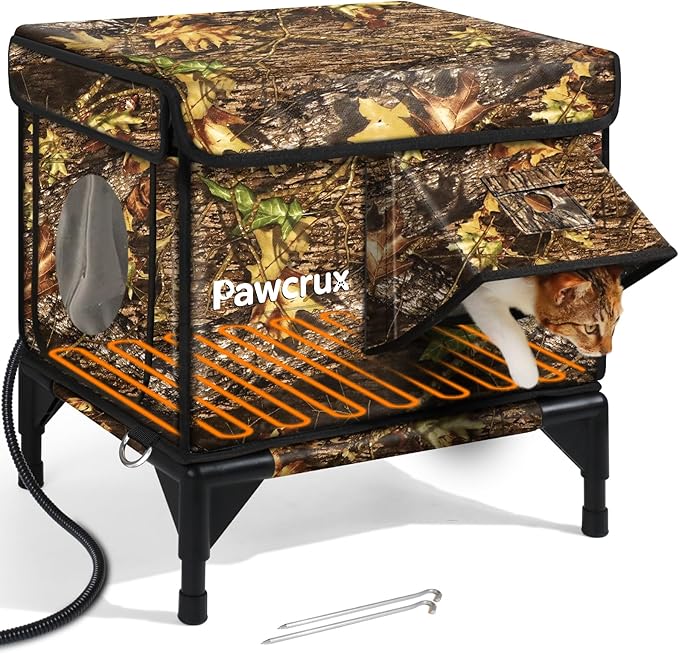 Weatherproof Heated Cat House for Outdoor in Winter, Heated Cat Bed Kitty Shelter with Cat Heating Pad, Insulated & Safe Escape Door, Warm House for Outside Stray Cat (Leaf Color, 12"x16"x16")