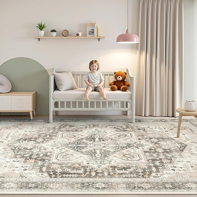 Rugflix 6x9 Area Rugs for Living Room, Machine Washable Rug Non Slip Stain Resistance, Large Rug Vintage Distressed Soft Carpet for Bedroom, Dining Room, Home Office, Beige Grey