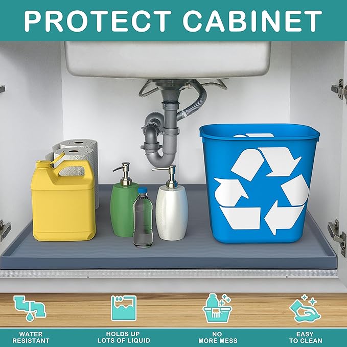 URMONA Waterproof Silicone Under Sink Mat 25'' x 22'' Shelf Liner for Kitchen and Bathroom, Cabinet and Counter Protector, Storage and Organizers, Litter Mat, Pet Cat Puppy Essentials(Brown)