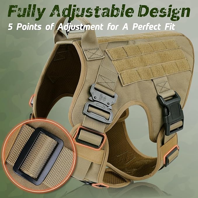 rabbitgoo Tactical Dog Harness for Large, Heavy Duty Pet Harness with Handle, No-Pull Service Vest Large Breed, Adjustable Military Dog Vest for Training Hunting Walking, Brown, XL