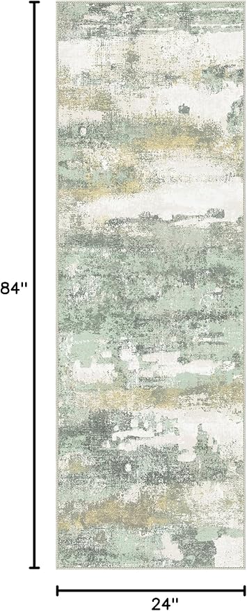 Runner Rug for Hallway Kitchen, 2x7 Machine Washable Runners Rug for Entryway, Light Green Soft Modern Abstract Throw Rugs, Low Pile Floor Carpet with Non Slip Backing