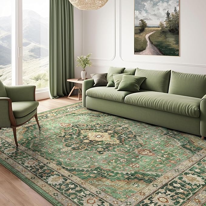 Deerly Green Rug 8x10 Area Rug for Living Room Bedroom Washable Rugs Large Boho 8x10 Rug for Dining Room Carpet Non-Slip Distressed Carpet Rugs Print Floor(Border Green)