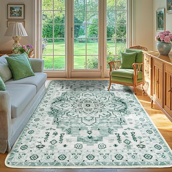 LBRO2M Boho Area Rug 6X9 Washable Rugs for Bedroom Low Piles Indoor Carpet, Non Slip Soft Rug for Living Room, Dining Room, Foldable Pet Friendly Area Rugs Stain Resistant (6'X9' Light Green)