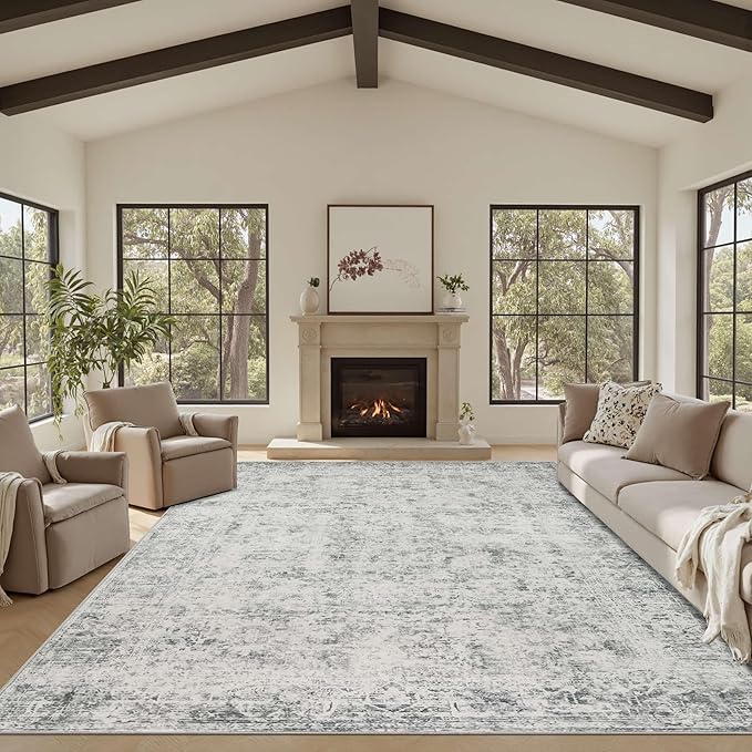 8x10 Area Rugs for Living Room, Large Washable Rug, Grey Vintage Abstract Boho Rug, Non Slip & Low Pile Faux Wool Carpet for Indoor Dining Room, Farmhouse and Bedroom(Grey 8x10ft)