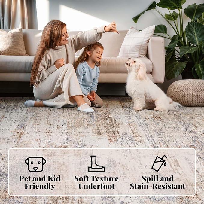 Area Rug Living Room Washable Rugs: 6x9 Modern Neutral Abstract Low Pile Non Slip Floor Carpet - Large Soft Thin Stain Resistant Rug for Bedroom Dining Indoor Office Home, Brown Grey