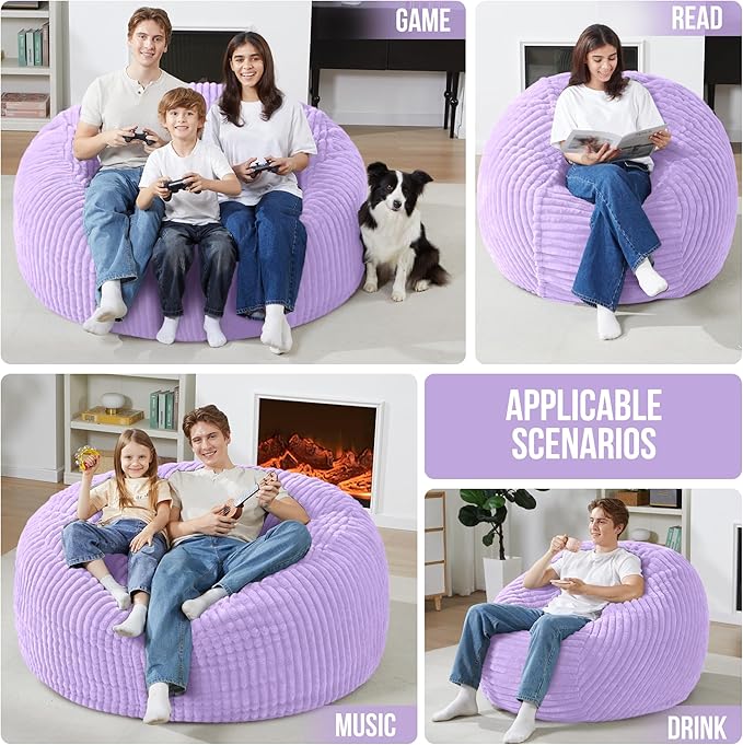 Homguava 6 FT Bean Bag Chair,6' Big Bean Bag,Giant Bean Bag Chairs for Adults with Memory Foam Filled,Comfy Large Beanbag Chairs Soft Bean Bag Sofa with Dutch Corded Plush Cover-Purple