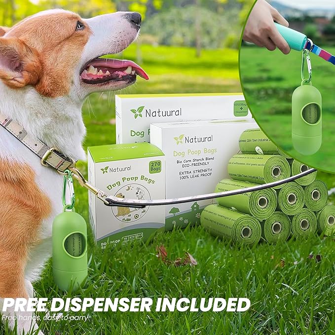 Poop Bags for Dogs-1050 Counts, 70 Rolls With a Free Dispensers, Doggie Poop Bags Made of Cornstarch, Extra Thick and 100% Leak Proof (Green)