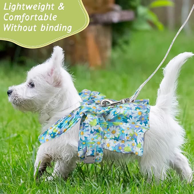 Sanwuta 4 Pack Harness Dog Dress Bowknot Leash Set Floral Princess Dog Harness Dress Vest with Leash Pet Doggy Outfits for Outdoor Walking, 4 Colors(X-Small)