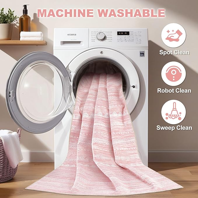 Nakagishi Round Rug Kitchen Washable Rugs: 8x8 Non-Slip Boho Soft Modern Stain Resistant Indoor Floor Neutral Farmhouse Throw Carpet for Hallway Bathroom Laundry Room Entryway Bedroom- Pink
