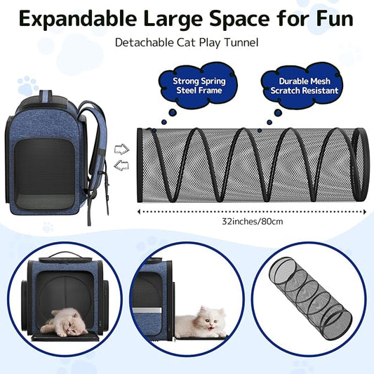 Cat Carrier Backpack with Detachable Play Tunnel, 2 in 1 Cat Tunnel Backpack Suitable for Carrying & Playing, Expandable Pet Carrier for Small Medium Kitten Puppy, Suitable for Travel Hiking Camping