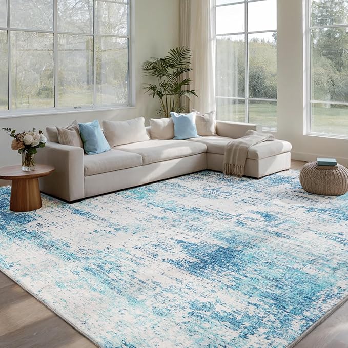 Area Rug Living Room Washable Rugs: 9x12 Modern Neutral Abstract Low Pile Non Slip Floor Carpet - Large Soft Thin Stain Resistant Rug for Bedroom Dining Indoor Office Home, Blue