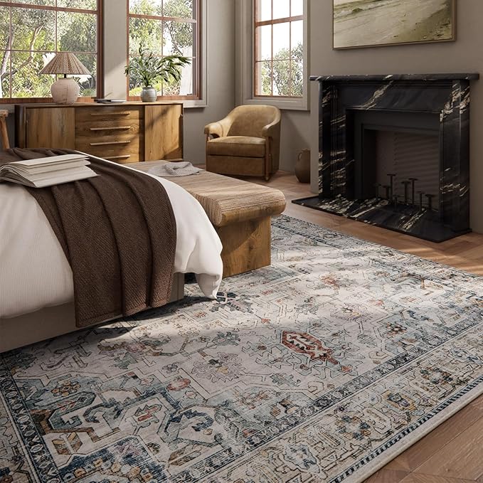 9x12 Area Rugs for Living Room: Washable Bedroom Rug Boho Vintage Rugs Stain Resistant Non Slip Low Pile Soft Lightweight Carpet for Kitchen Dining Room Farmhouse Nursery Kids Room Home Office